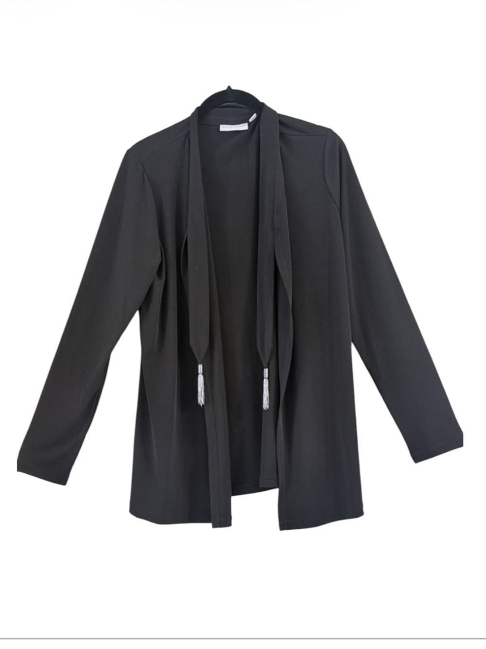 Susan Graver Black Open Front Cardigan with Tassel Ties Size S